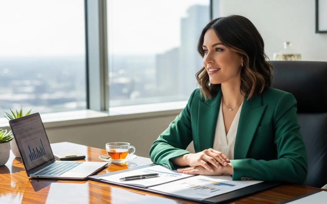 Confident woman in a stylish office engaged in financial planning, symbolizing empowerment and intentional wealth design