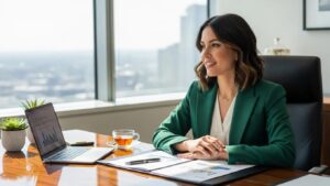 Confident woman in a stylish office engaged in financial planning, symbolizing empowerment and intentional wealth design
