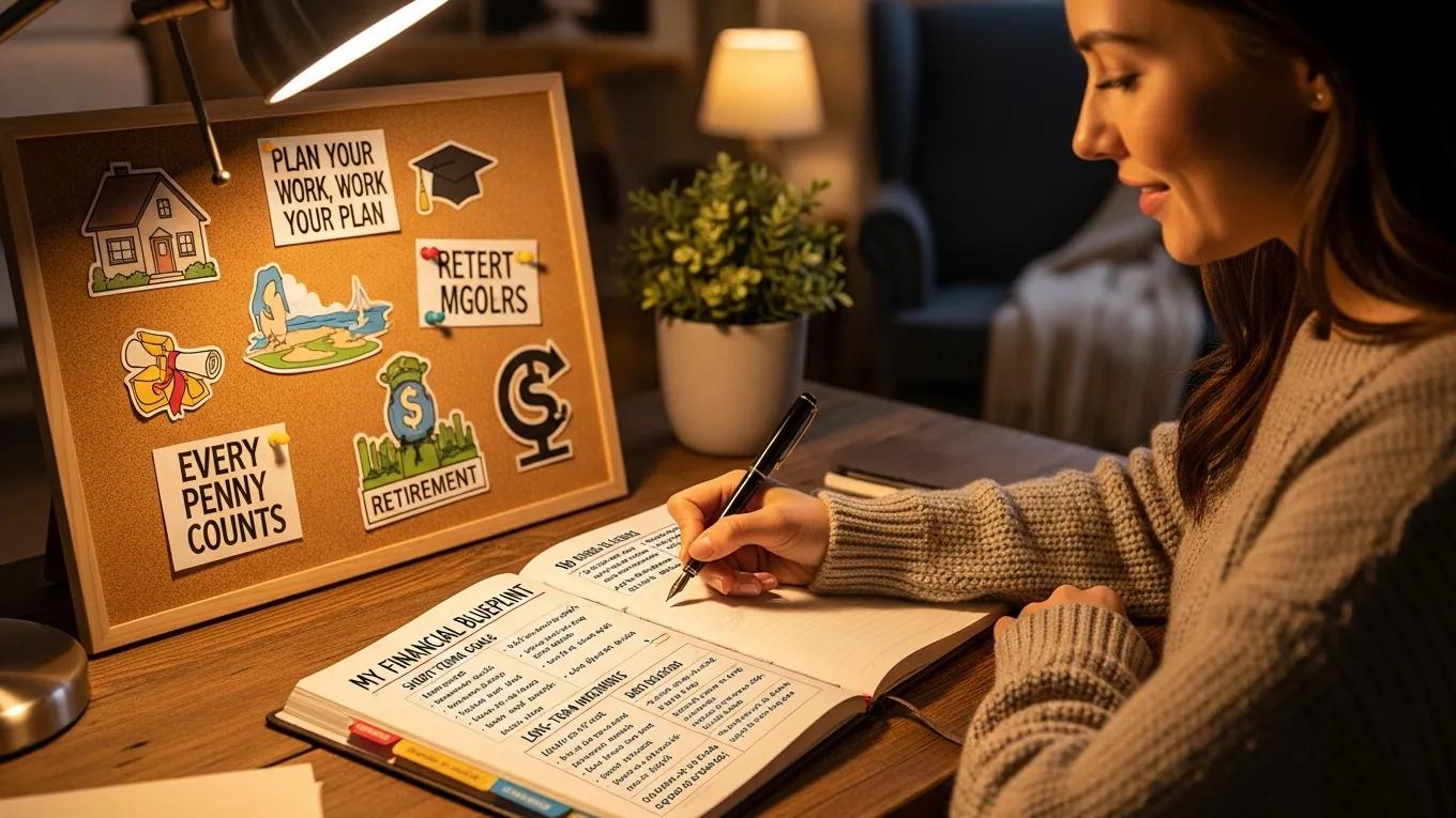 Woman writing financial goals in a journal, surrounded by a vision board, representing clarity and intentional planning