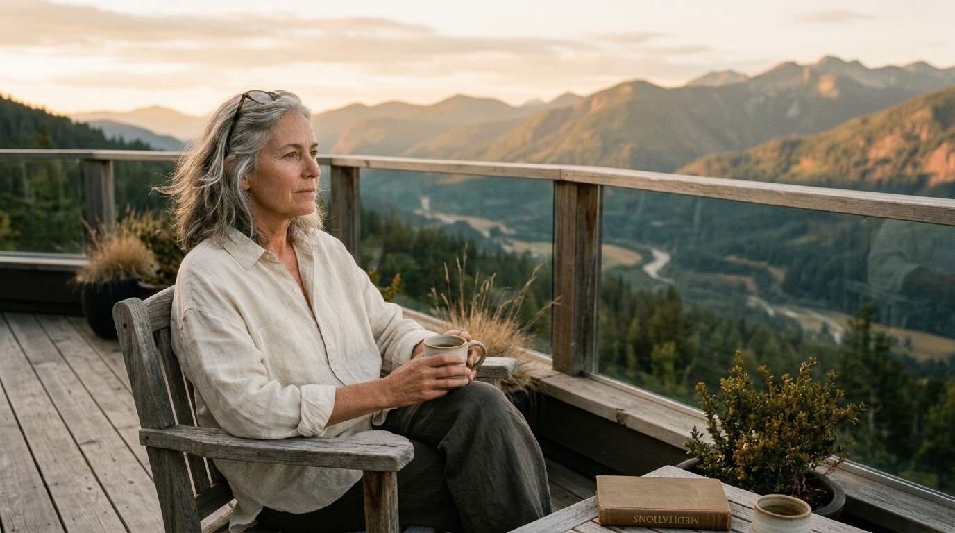Woman in her fifties sitting on a mountain porch at sunset, contemplating the hidden gap of Phantom Freedom